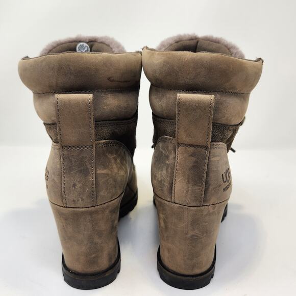 UGG Valory Mole Brown Suede Leather Wedge Boot Women Size 8 Waterproof Lace Up - Picture 7 of 9